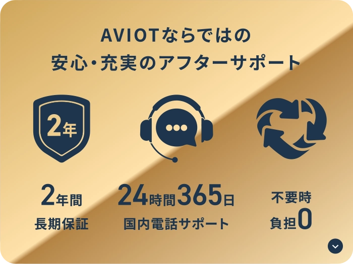 AVIOTならではの安心・充実のアフターサポート 2年間長期保証/24時間365日国内電話サポート/不要時負担0